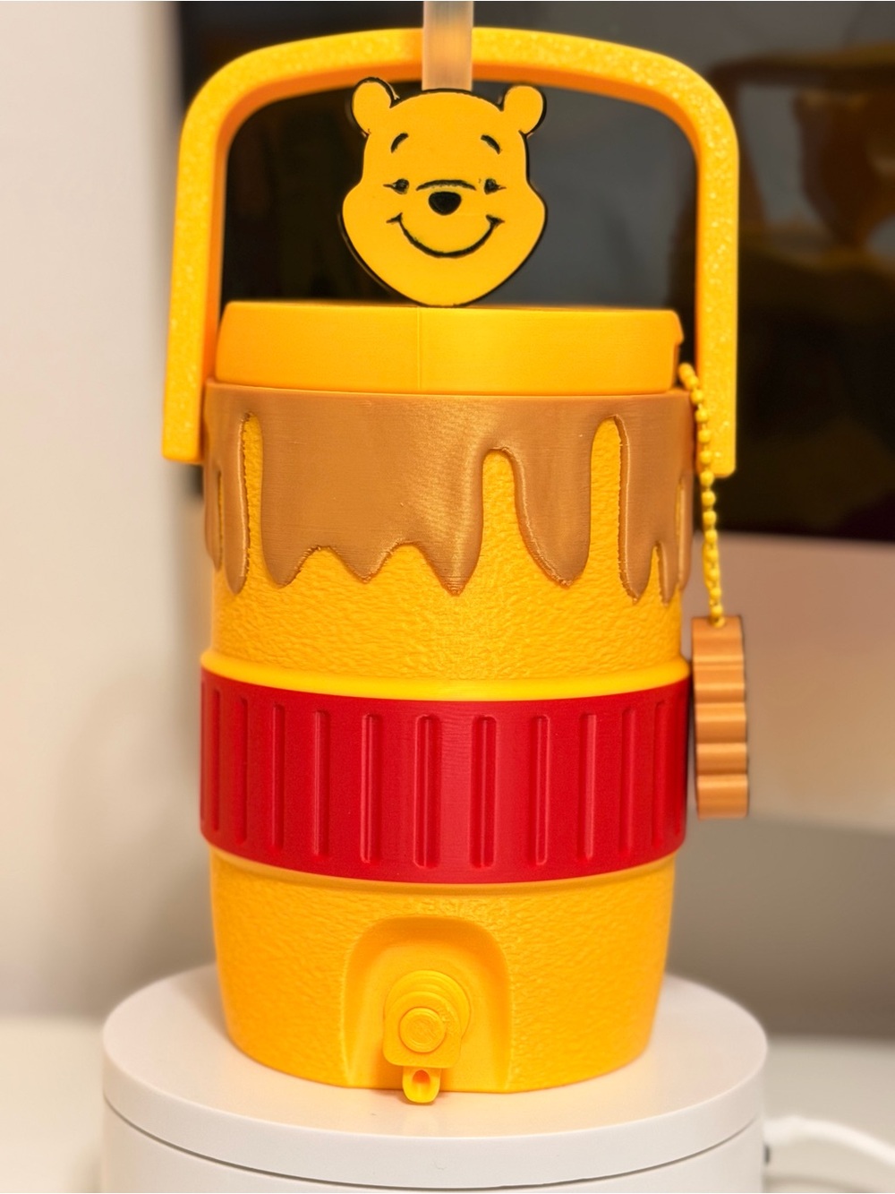 Pooh inspired fuzzy can holder with matching can opener and straw topper